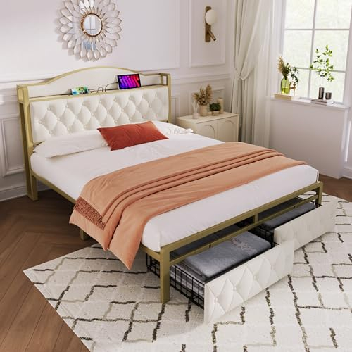 Merax Polsterbett 180x200cm mit USB Typ C Ladefunktion, Doppelbett Bettgestell mit Lattenrost & Schubladen & Gepolstertes Kopfteil, Stauraumbetten, Metallrahmen, Samt Jugendbett, Ohne Matratze, Beige
