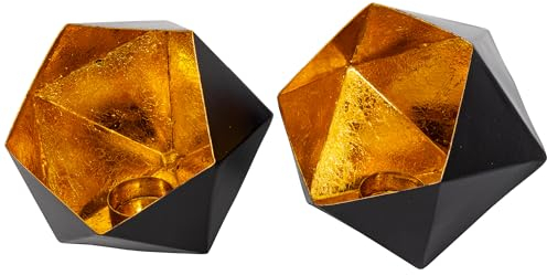 Gadgy Teelichthalter Schwarz Gold - Windlicht Esstisch Deko 2er Set - Teelichthalter Metall in Diamant-Form - Windlicht Metall Deko schwarz - Tischdeko Windlicht schwarz - Wohndeko Set 15 x 14 cm