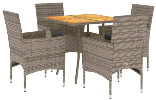 vidaXL Garten Essgruppe 5-TLG., Gartenmöbel Set mit Kissen, Gartengarnitur Tisch 4 Stühle, Lounge Sitzgruppe Sitzgarnitur, Grau Poly Rattan Akazie