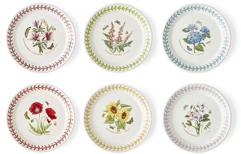 Portmerion Botanic Garden Meadow - 6 Round Bread Plate (Set of 6) | Assorted Florals with Colorful Laurel Leaf Border| Earthenware | Microwave & Dishwasher Safe | Home & Restaurant for Daily Use