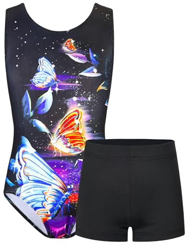 TENVDA Gymnastikanzug für Mädchen, ärmellos, für Kinder, Tanz-Outfit, passende Shorts, Set für 4–12 Jahre, Schwarzer Schmetterling C, 6-7 Jahre