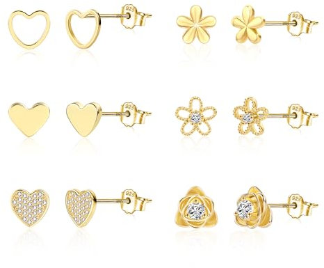 Kleine Gold Ohrringe Set für Damen, 6 Paar Kleine Zirkonia Ohrstecker 14 Karat Gold Niedlich Herz Ohrringe Kleine Ohrstecker Kleine Blumen Ohrstecker Ohrringe Packung für Damen Mädchen