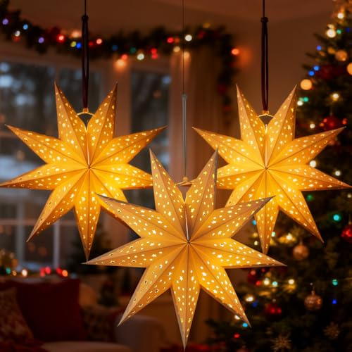 DOITOOL Estrellas Papel Navidad : 3PCS Pantallas De Lámpara De Papel Estrella De Navidad 3D Nueve Puntas Colgantes Decoración Festiva Para Hogar Fiesta Luz Ambiental 35 * 35 * 13cm