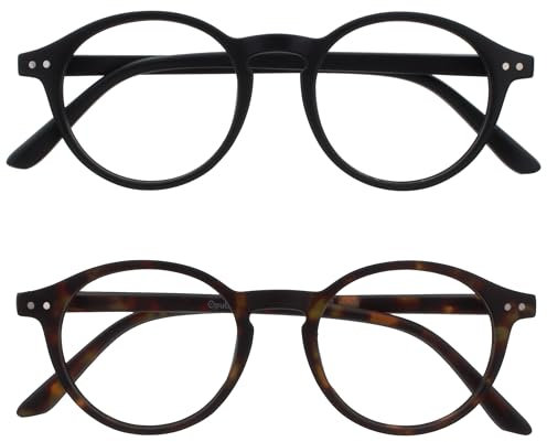OPULIZE REY Lesebrille - 2er-Pack - Runder Retro-Rahmen - Mattschwarz, Braunes Schildpatt - Herren Damen - Federscharniere - RR56-12 - +1.00