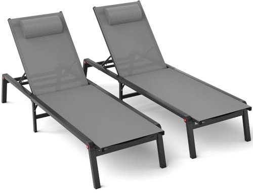 WOAJN Aluminium-Ramierliegestuhl, 2er-Set, 5-fach verstellbare Rückenlehne, faltbarer Loungesessel für den Außenbereich, Pool, Liegestühle für Pool, Rasen, Deck, Strand, Grau