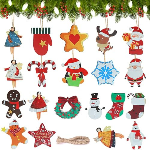 Bäcker & Lecker Weihnachtsanhänger Holz 20 Stück Holz Geschenkanhänger Weihnachten Holzanhänger Holzscheiben Holzdeko Streudeko für Weihnachten Engel Schneeflocken Weihnachtsmänner