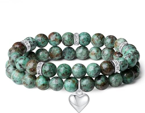 AWARDSEN 2 PCS Herz Edelstein Armband Damen, Grün Kristall 8mm Edelstein Schmuck, Heilsteine Armband, Partnerarmbänder Geschenk für Frauen (Afrikanischer Türkis)
