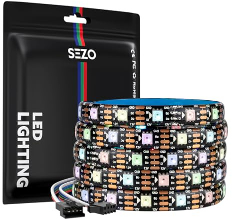 SEZO WS2815 LED Streifen RGB IC (Aufgerüstetes WS2812B) DC12V 5M 60LEDs/m Dimmbar Traumfarbe Individuell Adressierbar led strip 5050SMD Dual Signal LED Lichtleiste IP65 Wasserdicht Schwarz für DIY