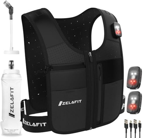 ZelaFit® Running Vest with Rechargeable LEDs & Micro USB Charging Cables, Water Bottle and Straw - Reflective Hydration Vest with 8 Pockets - Running Backpack Alternative - Men & Women (Size: M/L)