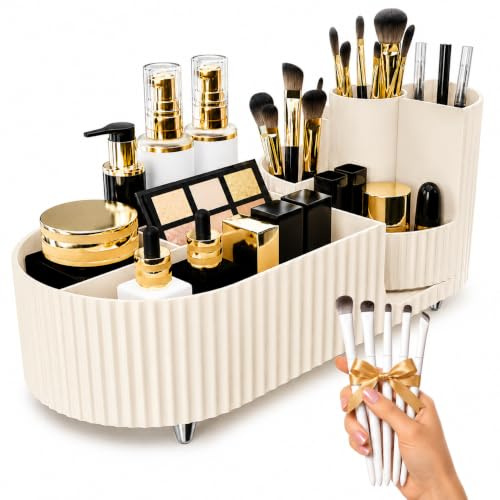 Organizador de Maquillaje Giratorio 360° con 9 Compartimientos para Cosméticos y Perfumes, Organizador Brochas Maquillaje para Tocador, Baño y Dormitorio, Incluye Set de 5 Pinceles, Makeup Organizer