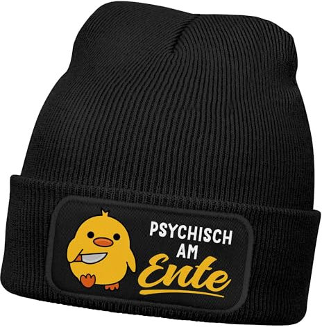 MoonWorks® Herren Beanie mit Patch Strickmütze Spruch Meme Psychisch am Ente Lustig Mütze Männer Schwarz Unisize