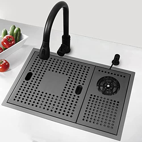 JKJZSALJ Fregadero Invisible para El Hogar, Fregadero De Cocina Multifuncional Invisible, Lavabo Negro con Grifo Extraíble Y Lavavasos con Rociador para Cocina/Bar (A 60 × 43 × 22 Cm)