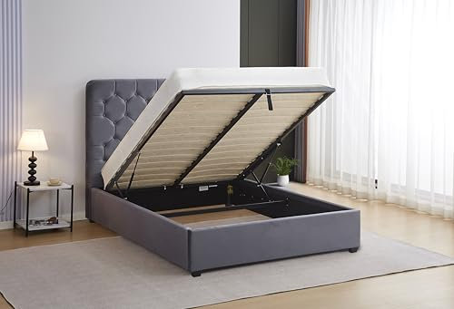 Seconique Madison 5' King Ottoman Gas Lift Storage Bed in Grey Velvet Fabric