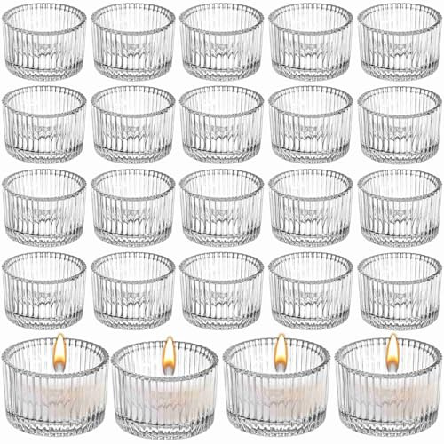Clear Ribbed Glass Tea Light Candle Holders Elegant Votive Tealight Holders | 24Pcs 5.5cm x 3.5cm Vintage Candle Holder Tea Light Holder for Weddings, Parties, Home Decor, Christmas & Restaurants
