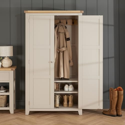 The Furniture Market | Cheshire Dove Grey | Double Hallway Coat & Shoe Cupboard | Tall Shaker Storage Cabinet | Adjustable Shelves & Hooks | Minor Assembly Required | H 1800 x W 1020 x D 410mm