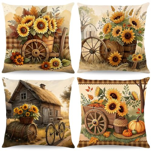 4 Stück Herbst Kissenbezug 40 X 40 Cm,Kissenhülle Herbst Kürbis Deko,Kürbis Kissenbezug,Leinen Kissenhülle,Für Halloween Fall Erntedankfest Thanksgiving Bedroom Wohnzimmer Sofa Dekoration (B)