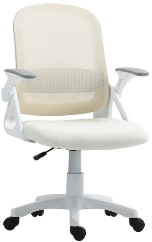 HOMCOM Breathable Mesh Office Chair, Ergonomic, Flip-up Armrests, White | Swivel Computer Chair, Lumbar Back Support, for Home/Office