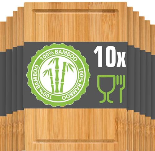 DuneDesign Juego de 10: Tabla de Cortar Pequeña - 22x15 Platos para Tapas de Bar - Tabla para Quesos y Aperitivos Bandeja de Bambu Tabla Corte Madera - Tabla Cocina Pequeña Bandejas para Servir Comida