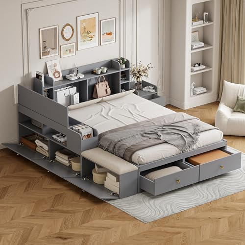 Ligterra Massivholz-Kombi-Bett, Kopfteil mit Eingebautem Staufach, mit Schubladen, mit Nachttisch, mit Stauraum-Langschrank, Sofabank, Stauraumbett Doppelbett Tatamibett, 140 * 200cm (Grau)
