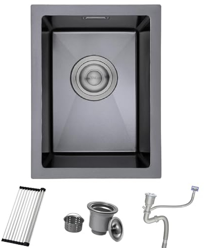 Black Kitchen Sink 35X45CM Stainless Steel Single Bowl Drop in Undermount | Bar RV Campervan Small Sink Outdoor with Overflow Drainer Assembly Roll-up Dish Drying Rack PVD Black Workstation Basin