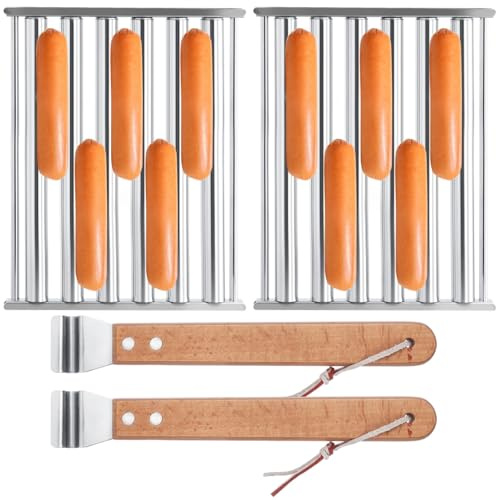 Lot de 2 rouleaux de barbecue en acier inoxydable pour hot-dogs, grille à saucisses avec poignée en bois, 24 x 18 cm