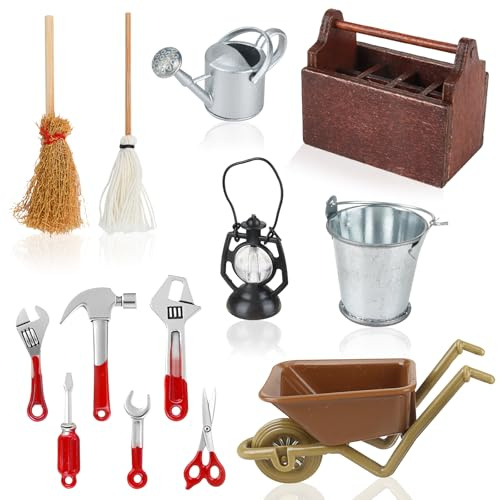 Miniature Outils Accessoires Jardin, 13 Pièces Jardinage Miniature Outils Décoration, Mini Boîte à Outils Ferme avec Balais Pelle Arrosoir, pour Maisons de Poupées et Ornament Miniatures