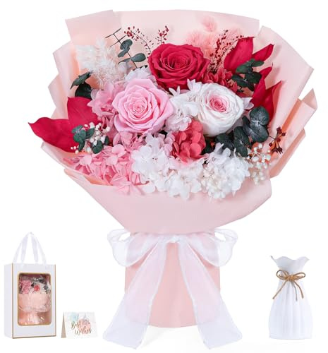 Lewondr Konservierter Blumenstrauß mit Vase – 3 echte Rosen & Blumen, langlebiger Forever-Rosenstrauß, ewiges Geschenk für Mutter, Ehefrau, Valentinstag Jubiläum oder Geburtstag, Rosa