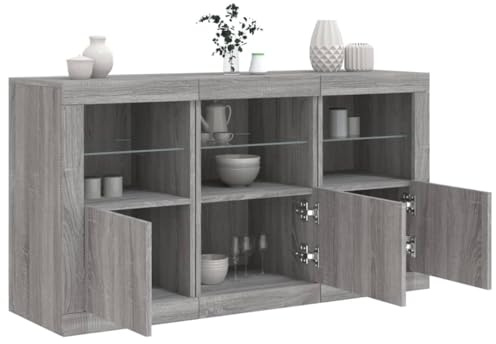 GeenYuu Sideboard mit LED-Beleuchtung, Grau Sonoma, 123x37x67 cm, Holzwerkstoff, Glas, 3er-Set, modernes Design für Wohnzimmer