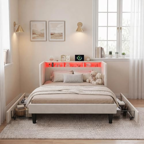 BLSYHDH Polsterbett Doppelbett 140x200,Schlafsofa Tagesbett mit 2 Schublade,Stauraumbett,Einzelbett mit LED,Jugendbett mit USB- und Typ-C,Funktionsbett,Bett mit stauraum (Beige+Flanell-1)
