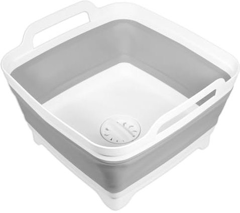 SPARES2GO Collapsible Washing Up Bowl with Draining Plug and Carry Handles Large 9L Capacity Foldable Portable Sink Basin Dishpan Tub