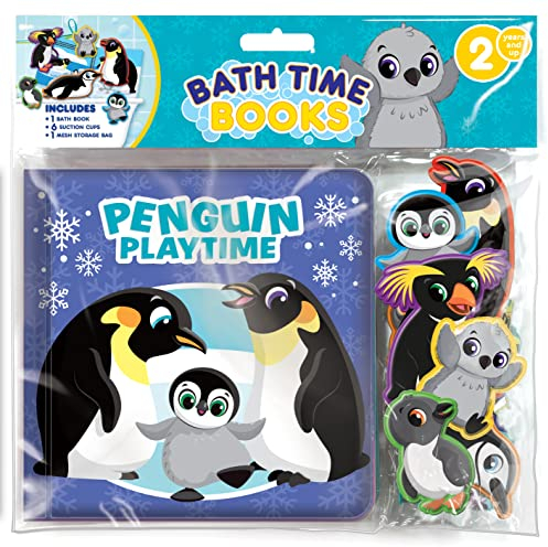 Phidal Penguin Play Time Bath Time Books - Activity Books for kids, Bath book, 6 Padded suction cups, 1 Mesh bag
