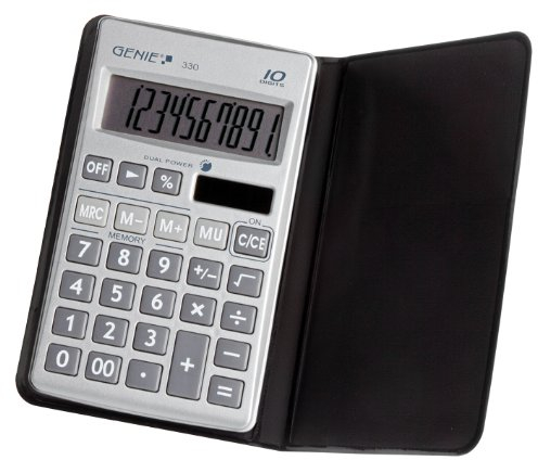 Genie 330 10-stelliger flacher Taschenrechner (mit Dual-Power (Solar und Batterie); Inkl. Schutzetui) silber