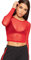 WearAll Womens Sheer Mesh Crop Top Ladies Long Sleeve Crew Neck Plain Stretch New - Red - 8-10
