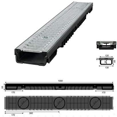 JeCo - Entwässerungsrinne Regenrinne Bodenrinne - Länge: 1 m/Höhe: 55 mm - Stahl verzinkt 1,5 T (A15)