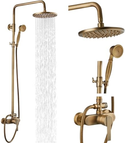 Airuida Antique Brass Exposed Pipe Shower System Single Handle 8 Inch Rainfall Shower Head Solid Copper Diverter Adjustable Shower Head Bar Modern Dual Functions Shower Faucet Combo Unit Set