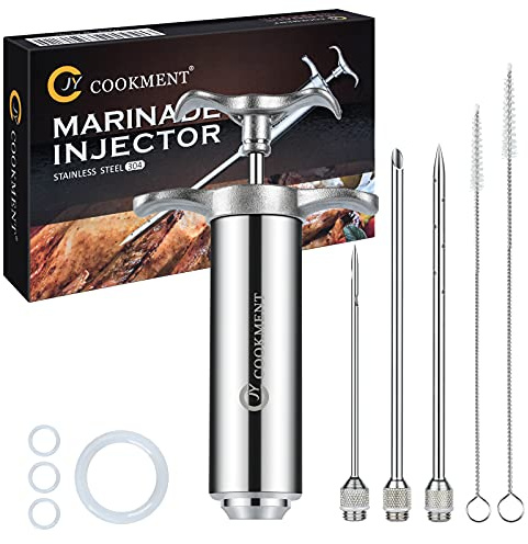 JY COOKMENT Meat Injector Syringe - Flavor Injector with 3 Stainless Steel Professional Needles;2pcs Cleaning Brush for BBQ Grill Smoker 2-oz Large Capacity Barrel