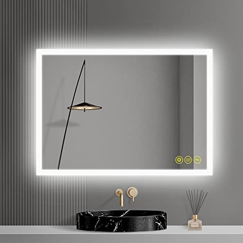ICYWANG Bathroom Mirror with LED Lights 500x700 mm Illuminated Dimmable Backlit Wall Mounted Vanity Mirror with Anti-Fog 3 Lighting Modes with Demister Pad