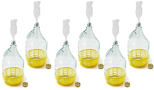 WYSKONT Bouteille bonbonne à col étroit avec bouchon à vis, panier de protection, sas et bouchon pour la fabrication du vin, la fermentation, le stockage des boissons, verre transparent, 6 x 5 L