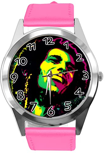 Runde Armbanduhr aus Leder für Reggae-Fans, hot pink