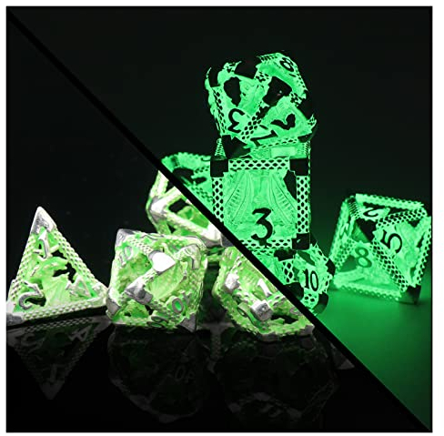 DND Würfel Set, Hollow Imprisoned Drachen Polyhedrische Würfel D&D Spielwürfel für Dungeons and Dragons ZHOORQI RPG Metall DND Dice Geschenke(3D-Glowing Green)