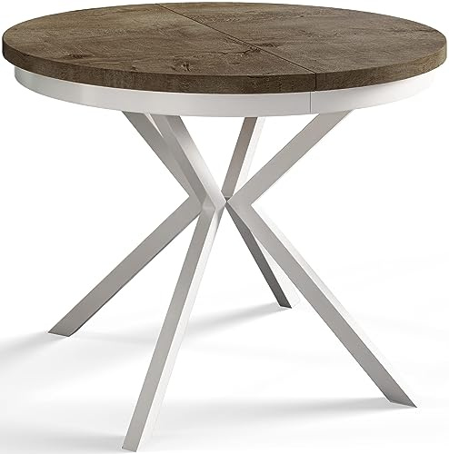 Esstisch Loft Berg, Ausziehbar, 90-170cm, Lefkas, Weiße Metallbeine | Runder Tisch, Klappbarer, Küchentisch, Esszimmer, Modern Wohnzimmertisch, Zimmertisch, Moderner