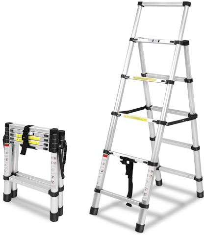 UISEBRT Teleskopleiter Klappbar 1,4m+1,7m Klappleiter Aluminium rutschfeste Mehrzweckleiter Ausziehbar A-Rahmen 5+6 Sprossen Aluleiter bis 150 kg Belastbarkeit