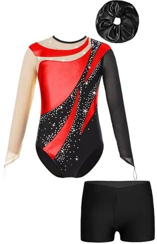 iiniim Kinder Mädchen Turnanzug Gymnastikanzug mit Shorts Haarband Glänzend Gymnastik Leotard Trikotanzug Wettbewerb Tanzkostüm Rot&Schwarz 122-128