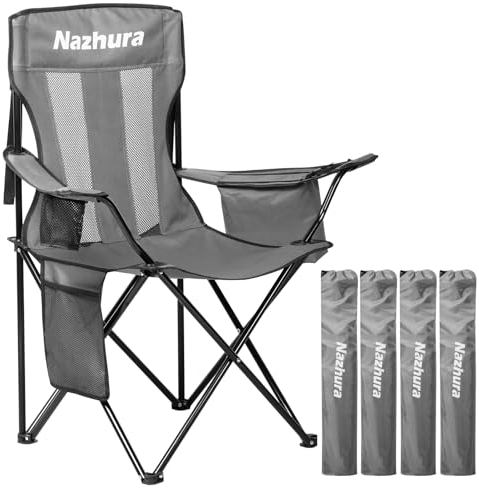 Nazhura 4 Pack Outdoor Camping Chairs Folding/Foldable/Portable with Cooler Pouch, Mesh Backrest and Cup Holder Pocket (Grey, Metal, 4 Pack)