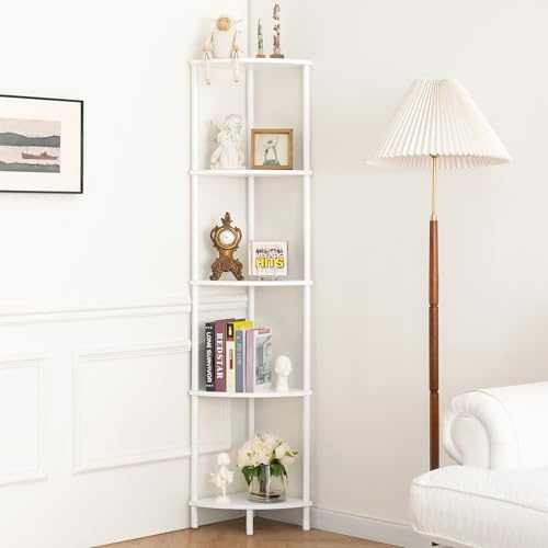 Yoobure Corner Shelf Stand, 5-Tier Bookshelf, 65 Tall Shelves for Bedroom, Living Room, Narrow Display Shelf Bookcase, White Book Shelf with Display Shelves for Office