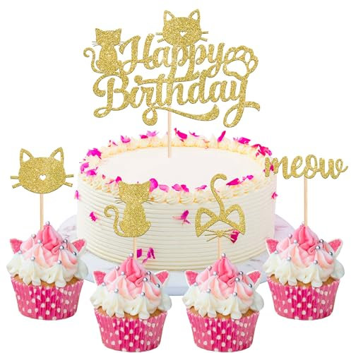 25 Stück Katze Cupcake Toppers Glitzer Katze Tortendeko Kätzchen Kuchen Deko für Kätzchen Thema Baby Dusche Kinder Geburtstag Party Kuchen Dekorationen Gold