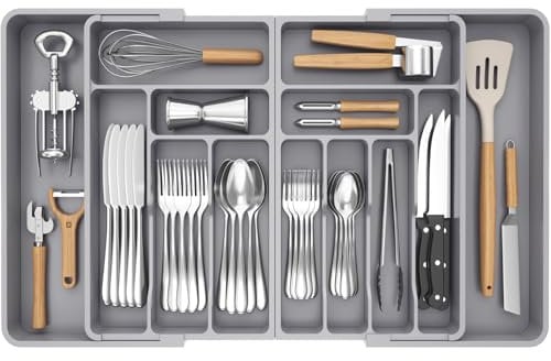 Lifewit Grandes Organizador Cuberteros para Cajon, Extensible al 36 Pulgadas de Ancho, BPA Free Bandeja Vajilla de Cocina, Tabletas Separador de Plástico para Cuchillo/Cuchara/Tenedor, Gris