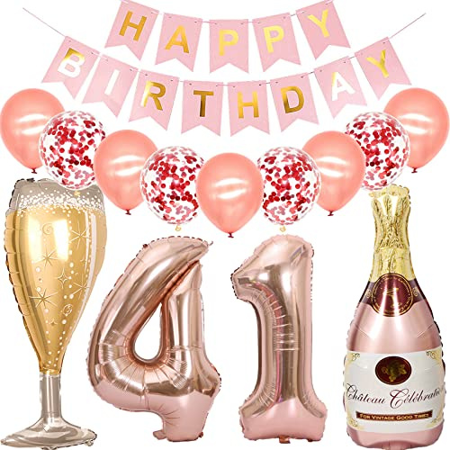 Feelairy Luftballon 41. Geburtstag Deko Frau, Rosegold Folienballon Weinflasche Sektflasche Helium Ballon Champagner Flasche, Girlande Happy Birthday Deko für Geburtstagsdeko 41 Jahre Frauen