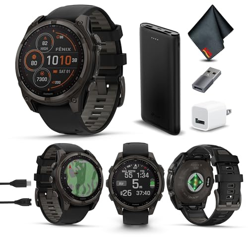 Garmin Fenix 8 Smartwatch multisport GPS con zaffiro solare da 47 mm, grigio carbonio DLC titanio con cinturino in silicone nero grigio, torcia LED integrata, set di smart watch per salute e fitness