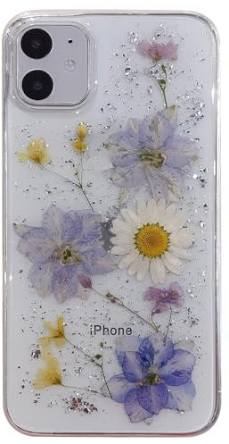 Riccase for iPhone SE 2022 Case, SE 2020/7/8 Phone Case Clear with Real Dried Flower Patterns, Shockproof Transparent Soft TPU Protective Bumper Slim Glitter Cute Floral for iPhone 7/8, Purple flower